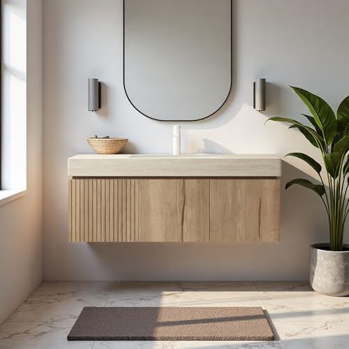 Image of 48 inch Bathroom Vanity with Sink, Wall-Mounted Plywood Bathroom Storage Cabinet with Ceramic Basin & Sintered Stone Countertop, Modern Pre-Assembled Floating Vanity with Drawer & Door, Oak
