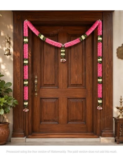 Image of Divyakosh Thorana Set (with Side Hanging), Toran for Main Door Entrance, Fabric, Handmade, Pink & White Floral Banderwal, Big Size, Width 3.5 FT & Height 4 FT