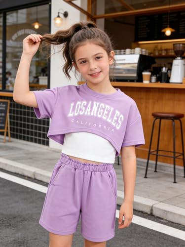 Image of Girl's Summer 3 Piece Outfits Graphic Short Sleeve Crop Top Cami and Shorts Clothes Set