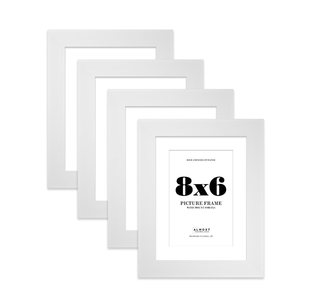 8x6" White Frame With Mount for 6x4" Pictures 28mm Edge Portrait and Landscape Display with Wall Hooks and Kickstand, 4 Pack