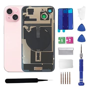 Substituição de vidro traseiro 15Plus com cabo flexível de carregamento sem fio e moldura da câmera Todas as peças para iPhone 15 Plus (6,7 polegadas rosa) Substituição do equipamento fita impermeável