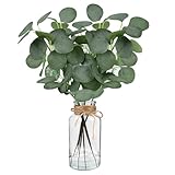 Artificial Eucalyptus Stems in Glass Vase 14' 6Pcs Faux Eucalyptus Branches Home Table Decor Fake Greenery Plants Stems for Farmhouse Wedding Centerpiece Bathroom Decorations