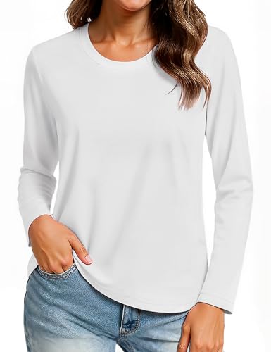 TACVASEN Womens T-Shirts Lightweight Workout Shirts Long Sleeve Tee Shirt Crew Neck Casual Cotton Tops for Women UK, White, M
