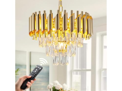 Image of Zingy Modern Gold Crystal Moving Chandelier, 300mm (30 Cm. (11.8 Inch) Round LED Pendant Light with Remote Control, Multicolour Changing,Luxury Contemporary Ceiling Light Fixture for Decoration A