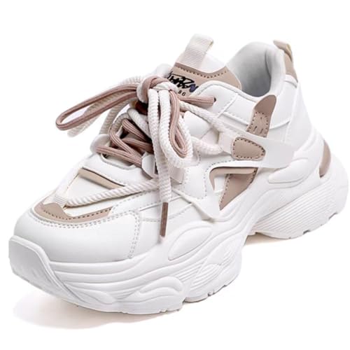 Womens Fashion Leather Lace Up Chunky Platform Sneakers Casual Breathable Shock Absorbing Heighten Walking Workout Driving Shoes