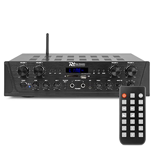 Power Dynamics PV240BT - 4 Kanal Stereo Verstärker Bluetooth, 400 Watt Amplifier Hifi Receiver, Fernbedienung, FM Radio, USB, SD, MP3, 2x Mikrofon Anschlüsse mit Echo, Talkover Funktion - Schwarz