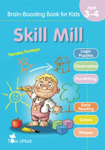  Skill Mill: Activity Book for Kids Ages 3-4, 45 Fun Brain Games with Solutions to Logic Puzzles, Pre-Writing Exercises, Coloring Games & More