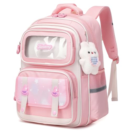 Amythe Schultasche Mädchen, Schulranzen für Mädche 2. - 5. Klasse, Lässiger Kinder Rucksack Schule mit Süßem Anhänger, Schulrucksack für Mädchen im Alter von 8 bis 14 Jahren, Rosa