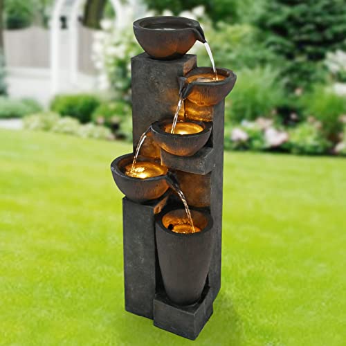 Gardenfans 40”H Garden Outdoor Fountains with LED Lights Modern Floor-Standing Waterfall Feature Fountain for Garden, Patio, Deck, Porch, Backyard and Home Art Decor