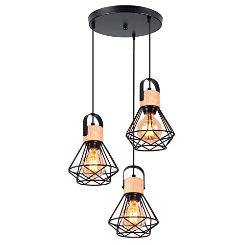 iDEGU 3 Lampes Suspension Luminaire Industrielle, 16CM Vintage Lustre Suspension en Fer et Bois Rétro Cage Design Noir E27 Plafonnier pour Salon Chambre Cuisine Salle à Manger (Type Assiette)