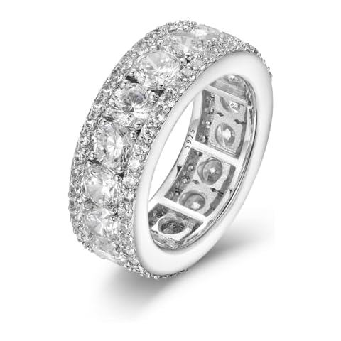TUHE 4.2-17 Carats Moissanite Rings for Men, 3 Rows Iced Out Rings Lab Created Diamond Ring 18K White Gold Plated 925 Sterling Silver Moissanite Wedding Rings Hip Hop Jewelry with GRA Certificate Cover