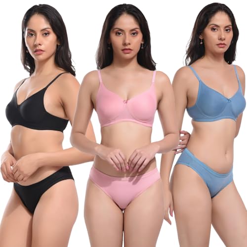 Image of REALSIDE Women Cotton Bra Panty Set for Lingerie Set|Bra Panty Set | Panty Bra Set for Women Women Lingerie Set A Beautiful Combo Pack of 3-Black,Green,Pink