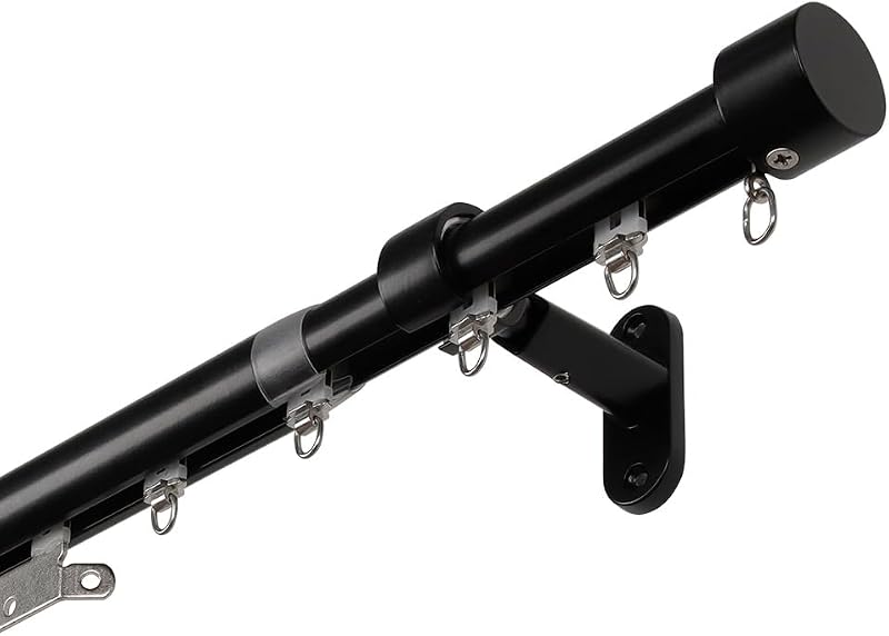 SOLOKOS Adjustable Traverse Curtain Rod with Track System, 47-86 in, Black | No-cut telescoping wall-mount rod with hidden track gliders and 40 lb support for thick curtains, drapes and sliding doors