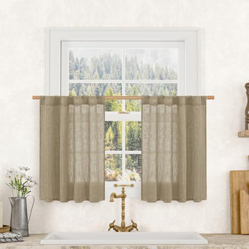 LAMIT 36 Inch Length Linen Curtains for Small Windows, Semi Sheer Light Filtering Panels Back Tab and Rod Pocket Country Decor Drapes for Basement/Kitchen, Taupe, 2 Panels, 34 x 36 Inch