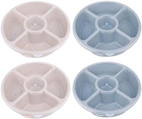 Yesland 4 Pack 11.25 Inch Serving Trays with Lid - 4 Compartment Round Wheat Straw Candy and Nut Serving Container, Food Storage - Divided Camping Snack Plate & Dish Platter