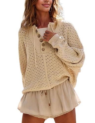 Women Oversized Knit Sweatshirt Hollow Long Sleeve Button Drawstring V Neck Pullover Sweaters