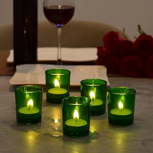 Image of Pure Source India Set of 12 Votive Glass Candle Holders with Tealight Candles | Decorative Diwali Lights for Home, Pooja & Festive Decor (Green)