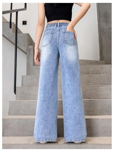 Floerns Girl's Elastic High Waisted Ripped Baggy Jeans Wide Leg Distressed Denim Pants2