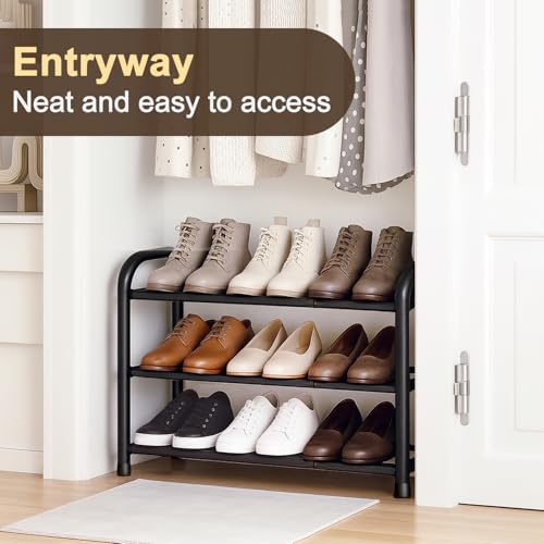 MIKVOYO 3 Tier Extendable Shoe Rack, Black Metal Narrow Adjustable Shoe Storage Stand Racks for Inside Wardrobe Closet, Small Spaces, Hallway, Bedroom, Outdoor - Image 2