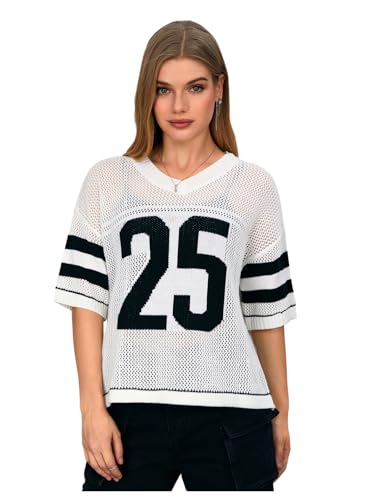 Image of Verdusa Women's Jersey Shirts Hollow Out Pullover Sweaters Number Print Short Sleeve Knit Tops