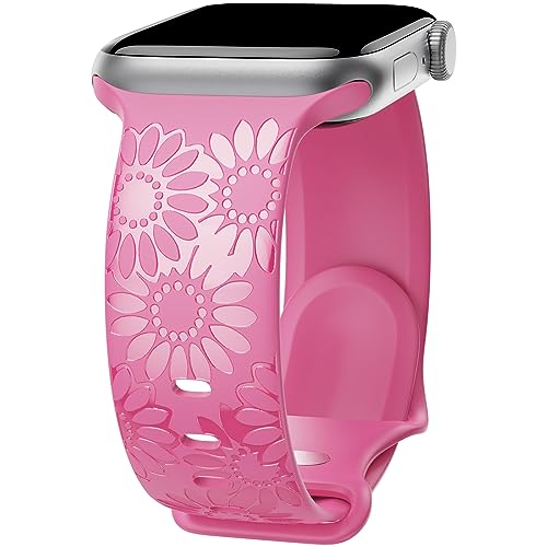 Image of Sunflower Engraved Band Compatible with Apple Watch Bands 38mm 40mm 41mm 42mm 44mm 45mm 49mm Women, Designer Soft Glossy Floral Silicone Strap for iWatch Series Ultra 11 10 9 8 7 6 SE 5 4 3 2 1