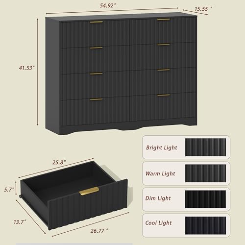 Image of Fluted 8 Drawer Dresser for Bedroom, 55 inch Wide Modern Wooden Chest of Drawers with Metal Handles, TV Stand & Closet Storage Organizer for Living Room,Hallway, Black