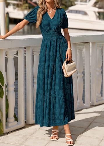Image of KIRUNDO Summer Dresses for Women 2026 Boho Flowy Casual Short Sleeve V Neck Elastic Waist Floral Long Baby Shower Maxi Dress