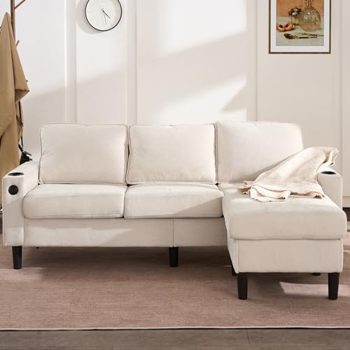 Arhatreya 3 Sitzer Sofa Gästesofa Modern Couch mit USB- und Typ-C-Anschlüssen, 3er Sitzsofa mit Zwei Getränkehaltern, L-förmiges Schlafsofa für Wohnzimmer, Schlafzimmer, Wohnung, Beige – Bild 5