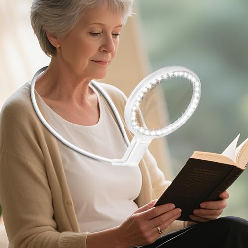 Neck Magnifier Hands Free with Light 10X 5.2 Large Magnifying Glass with 36 LED Light Flexible Gooseneck for Close Work Reading Sewing Senior (White)