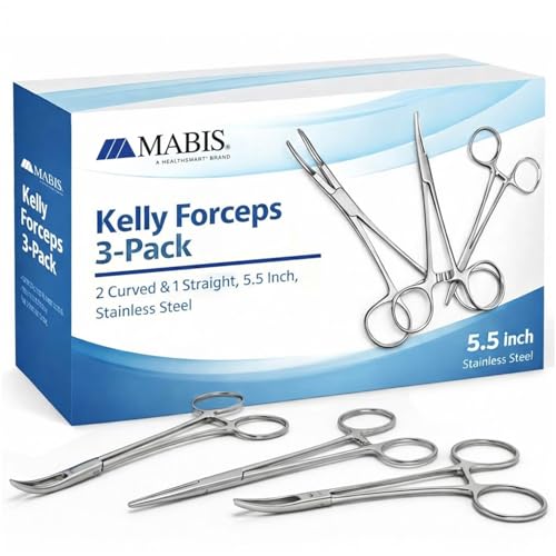 MABIS Precision Kelly Forceps [3‑Pack] Locking Hemostats, 2 Curved &amp; 1 Straight, 5 1/2 Inch Tweezers Clamp Set, Stainless Steel, Fine Tip for First Aid, Sewing, Piercing Removal Tool, Fishing &amp; DIY