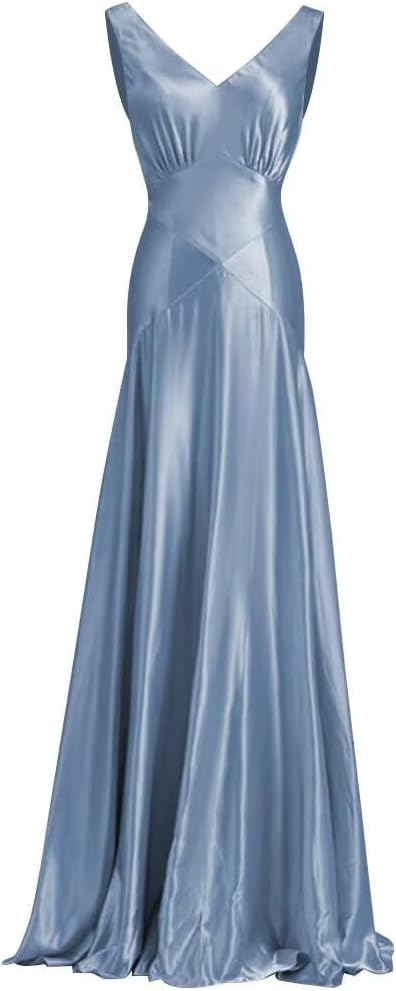 Satin Bridesmaid Dresses V Neck Long Prom Dress A-Line Formal Dresses for Women