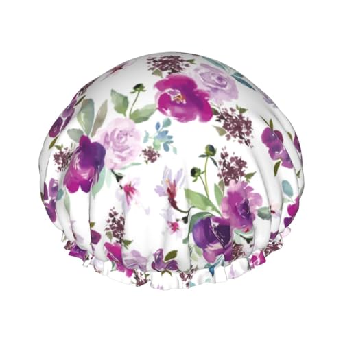 Hair Cap for Shower - Violets Flowers Purple Double Layer Shower Cap Reusable Waterproof, Large Shower Cap for Women, Hair Cap for Shower with Peva Lining and Elastic Rope