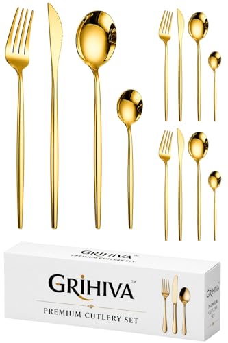 Image of 12 Pcs Gold Slim Handle Stainless Steel Cutlery Set for Dining Table with Spoons and Forks Set + Butterknives - The Perfect Tableware /Flatware