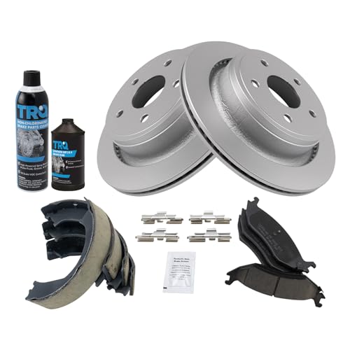 Image of TRQ Rear Brake Pad & Rotor Kit, with Chemical Kit Parking Brake Shoe Set Ceramic Premium G-Coated Compatible with 2003-2004 Dodge Ram 1500