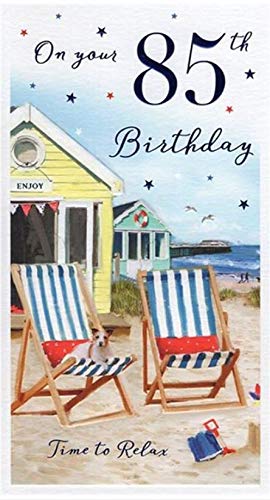 ICG - 85th Birthday Card from the Essence Range - Age 85 - Beach Huts and Deck Chairs - Foil Finish