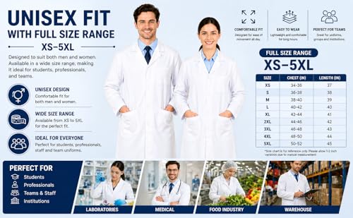 IBEX Fartuch unisex dla dorosłych z poliestru i bawełny do laboratorium technicznego, magazynu spożywczego, odzież robocza dla lekarzy i studentów (rozmiary od XXS do 5XL), biały, 3XL