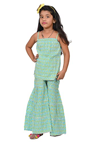 Image of Printed Cotton Sharara Set for Kids, Traditional Dresses Set for Baby, Ethnic Outfits for Girls, Sleeveless Kurti Set