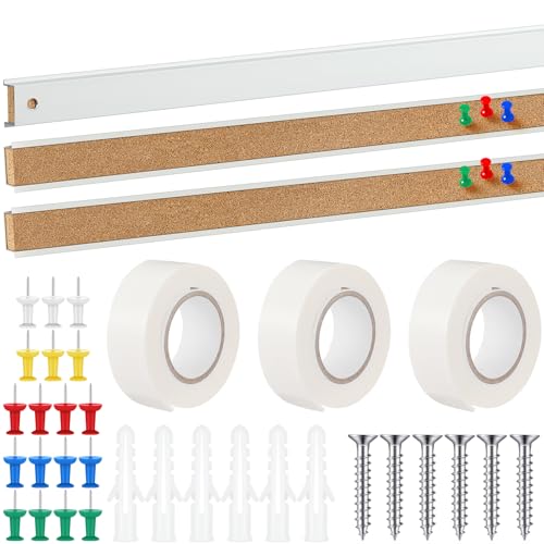 Threehoney 3 Pcs 48" x 1" Cork Strips Bulletin Bar Strips for Wall Bulletin Board Aluminum Trim Brown Cork Boards with Accessories for Paste Notes Photos Classroom Office Home Holiday Decor