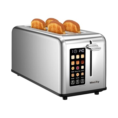 Mecity Touchscreen Toaster, 2 Long Slots for 4 Slices, Digital Bread & Browning Control, Stainless Steel Slim Toaster with Bagel, Gluten-Free, Defrost & Reheat, 120V, 1400W