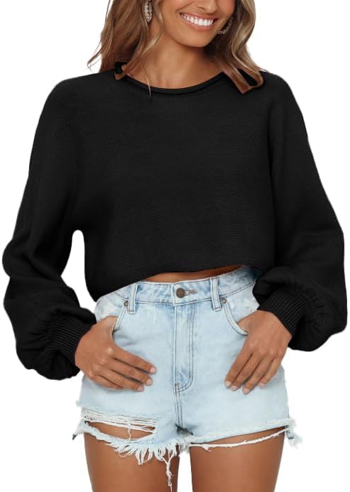 Imily Bela Cropped Sweaters for Women Lantern Long Sleeve Crop Top Slouchy Trendy Loose Crewneck Pullover Sweater
