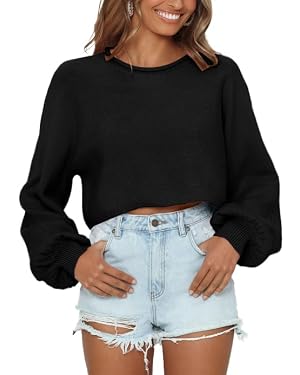 Imily Bela Cropped Sweaters for Women Lantern Long Sleeve Crop Top Slouchy Trendy Loose Crewneck Pullover Sweater