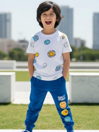 Image of Nap Chief Kids Cotton Official Smiley World Printed Co ord Set for Boys & Girls, Tshirt & Joggers Set for Casual Wear