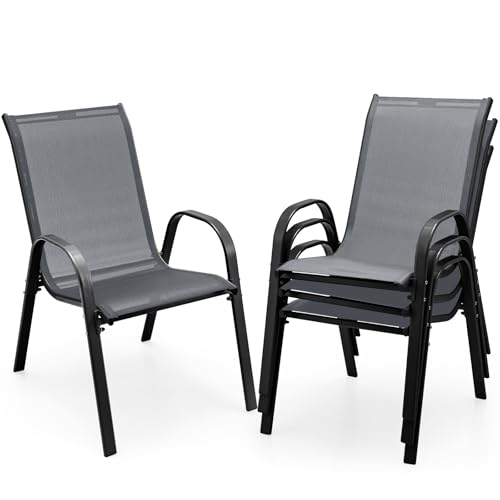 COSTWAY Patio Dining Chairs Set of 4, Stackable Outdoor Chairs with Armrest and High Back, Breathable Fabric & Metal Frame Chair for Garden Poolside Backyard Deck (Grey)