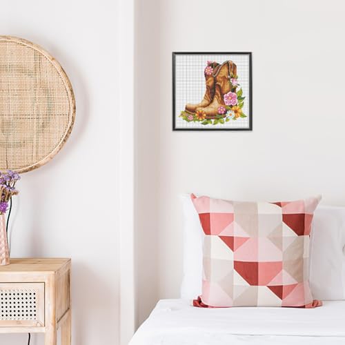Image of FREEBLOSS DIY Cross Stitch Wall Hanging Kit Boots Full of Flowers Stamped Cross Stitch Wall Painting Retro Style Cross Stitch Home Wall Art Cross Stitch Starter Kit for Beginners with Instruction