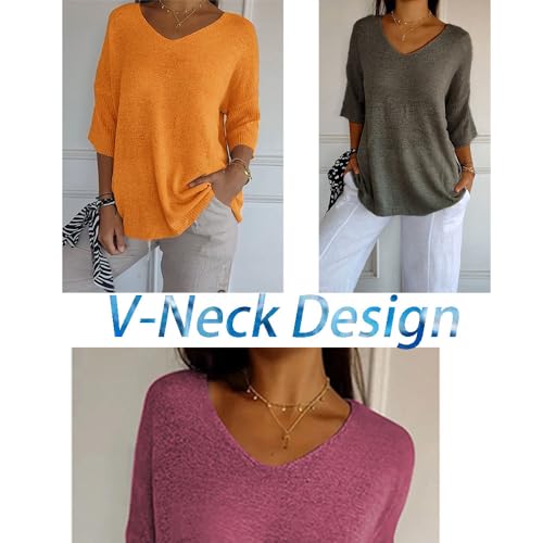 Frontaley Clothing, Frontaley Women's Solid Color Knitted V-Neck Top, Lightweight 3/4 Sleeve Sweater2