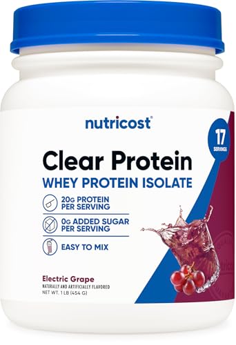 Image of Nutricost Clear Whey Protein Isolate Powder (Electric Grape) 1 LB - 20g Protein Per Serving, Zero Added Sugar, Easy-Mix WPI Drink, Gluten-Free, GMO-Free, 17 Servings