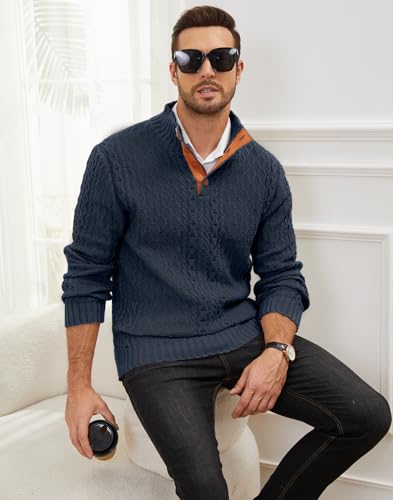 Mens Cable Knit Pullover Sweater Casual Long Sleeve Stand Collar Quarter Button Knitted Sweaters3