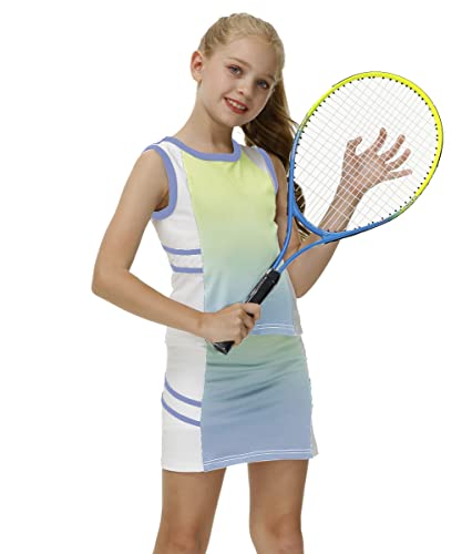Girls Tennis Outfit Sleeveless Athletic Skort Golf Dress Built In Shorts Sportswear Gradient Blue 8-9 Years #TOP5