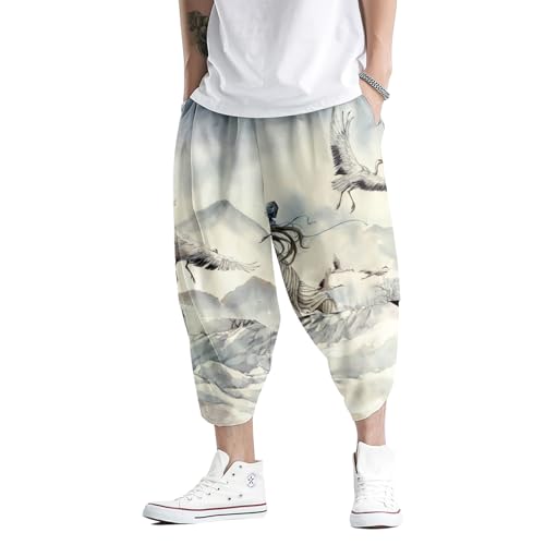 Image of DOSLAVIDA Men's Japanese Kimono Cardigan Suit Chinese Style Printed Jacket Pants Set Open Front Seven Sleeve Top & Shorts