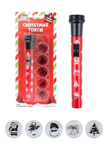 Henbrandt Single Christmas Projector Torch with 5 Interchangeable Caps for Kids Projection Light Slide Projector Xmas Story Projection Torch Flashlight Stocking Filler Party Favours for Boys and Girls